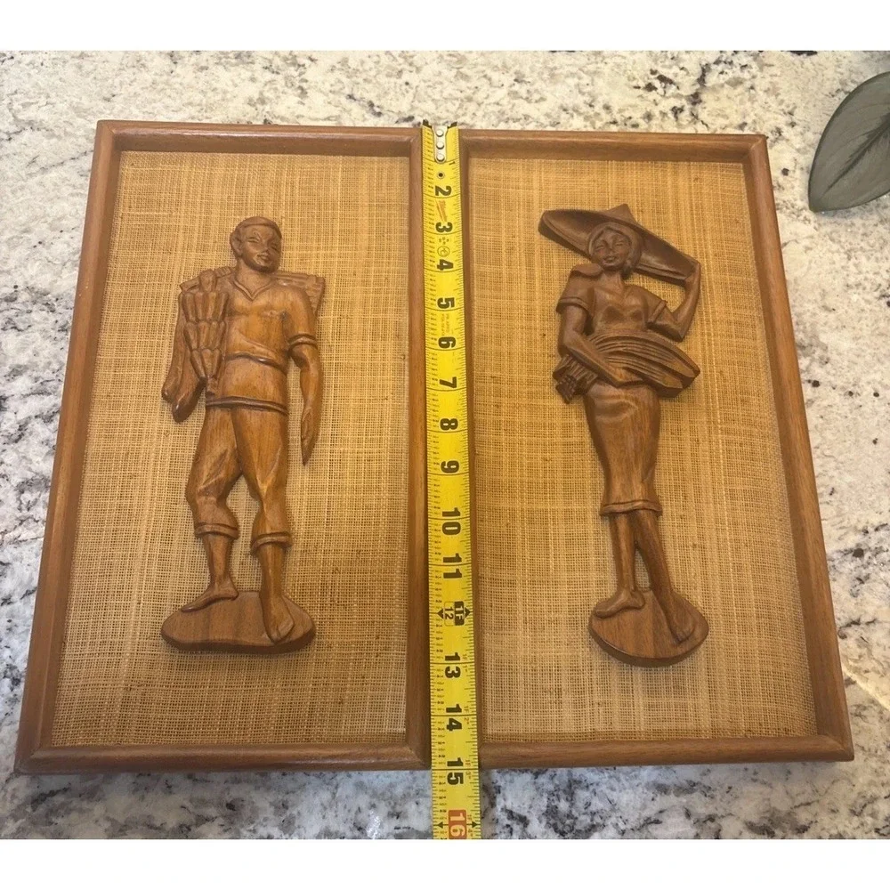 2 Vintage 1960s Mid Century Carved Teak Woman‎ and Man Wall Plaques 15x8in wood